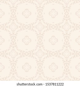 Subtle vector ornamental seamless pattern with carved grid, lattice, stars, diamonds, floral silhouettes. Delicate abstract geometric background. Simple light beige ornament texture. Repeat design