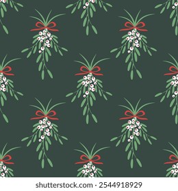 Subtle vector pattern with mistletoe branches with berries and a red bow. Festive Christmas background in emerald green shades