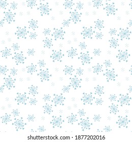 Subtle vector seamless pattern with abstract snowflakes and tiny hearts. Doodle style minimalist background. Blue and white texture. Elegant minimal repeat design for decor, print, wrap, wallpapers