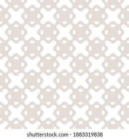 Subtle vector seamless pattern with curved shapes, crosses, mesh, grid. Abstract geometric background. Simple minimal texture in beige and white color. Repeat design for decor, print, wallpaper, linen