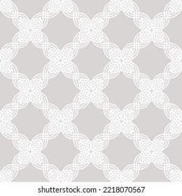 Subtle vector seamless pattern. Elegant abstract floral grid ornament. Gray and white background texture with flower shapes, petals, leaves, curved lattice, mesh.  Repeat design for decor, wallpapers