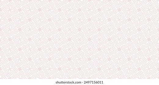 Subtle vector seamless pattern. Elegant geometric floral ornament. Soft pink and white background with repeat tiles, curved lines. Abstract ornamental geo texture with small flowers, leaves, petals