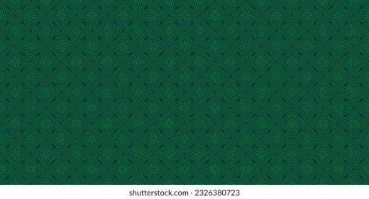 Subtle vector seamless pattern. Simple green geometric floral ornament. Abstract ornamental texture with flower silhouettes, petals, curved lines, repeat tiles. Elegant background. Repeatable design