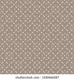 Subtle vector seamless pattern with small flower silhouettes, geometric leaves, grid, diamond shapes. Simple minimal luxury background. Abstract beige and brown texture. Elegant repeatable ornament