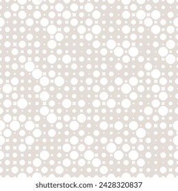 Subtle vector seamless pattern with small randomly scattered curved shapes, circles, squares, dots. Elegant modern white and beige background with halftone effect. Simple geo texture. Minimal design