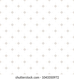 Subtle vector seamless pattern with tiny diamond shapes, stars, rhombuses. Simple repeat geometric background. Abstract texture in white and light gray colors. Elegant vintage ornament. Luxury design