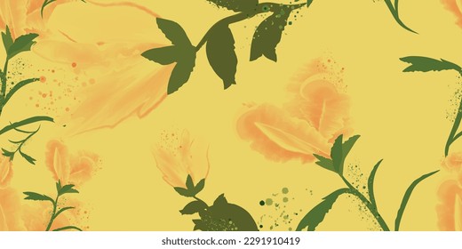 Subtle watercolor stroke seamless floral leaf on yellow background. Vector illustration
