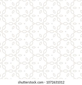 Subtle white and beige vector seamless pattern. Delicate ornamental background with thin lines, grid, lattice, lace, floral shapes, geometric tiles. Abstract repeat texture. Design for decor, wrapping