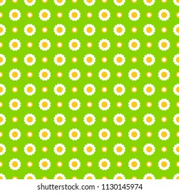 Subtle white chamomile flowers on green, simple seamless pattern, vector