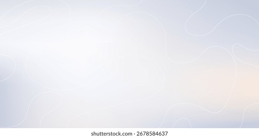 Dezente weiße Kurven schwingen sanft über einen weichen, verträumten Hintergrund mit hellblauen und sanften Pfirsichtönen und schaffen eine ruhige, abstrakte und moderne Kulisse