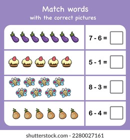 subtract and match with pictures. Educational worksheet for preschool