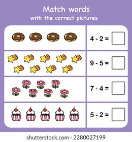 subtract and match with pictures. Educational worksheet for preschool