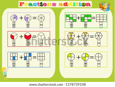 Subtracting Fractions Mathematical Worksheet. Triangles. Coloring Book Page. Math Puzzle. Educational Game. Vector illustration.Printable Fractions Worksheets for kids , fraction addition problems.
