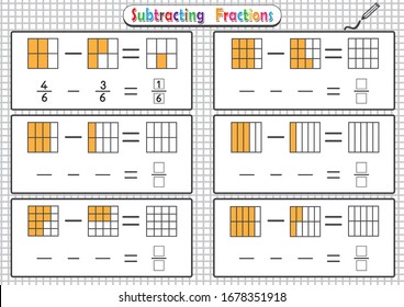 Subtracting Fractions Worksheets, math fraction worksheet for kids, Educational Game