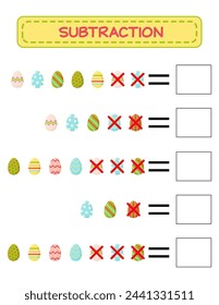 Subtracting. Math worksheet for kids. Developing numerical skills. Solve the examples and write the answers. Mathematics. Vector illustration. Educational math children's game. Subtract for kids.