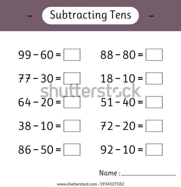 Subtracting Tens. Math worksheets for kids.\
Mathematics. School education. Development of logical thinking.\
Vector\
illustration