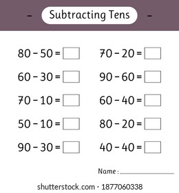 Subtracting Tens. School education. Math worksheets for kids. Development of logical thinking. Mathematics. Vector illustration