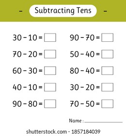 Subtracting Tens. School education. Mathematics. Math worksheets for kids. Development of logical thinking. Vector illustration