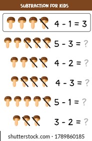 Subtraction with cartoon forest mushroom. Educational math game for kids. Solve equations. 