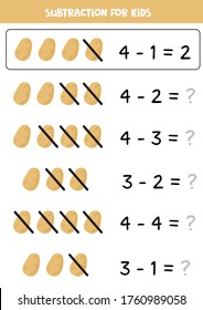 Subtraction with cartoon potatoes. Mathematical game for kids. Learning to subtract and to count. Printable worksheet.