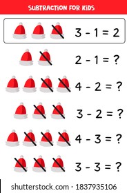 Subtraction with cartoon red Santa cap. Math game for kids.