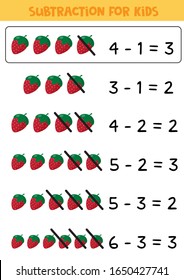 Subtraction with cartoon red strawberries for kids. Math game for children.