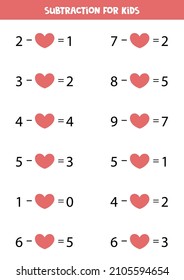 Subtraction with cute valentine hearts. Educational math game for kids. 