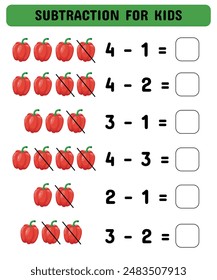 Subtraktionsspiel mit Glockenpfeffer. Lernendes Mathematik-Spiel für Vorschulkinder Kindergarten. Passendes Spiel.Arbeitsblatt. Vektorillustration.	