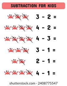 Subtraction game with crabs. Educational math game for preschoolers kindergarten. Matching game.