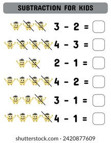 Subtraction game for kids with cute monsters. Matching game. Printable worksheet design. Learning math.