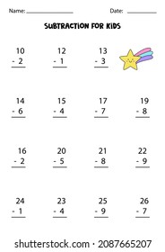 Subtraction game for kids with cute rainbow star. Math game for kids.