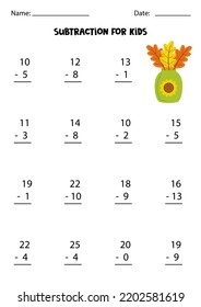 Subtraction game for kids with green vase. Math game for kids.