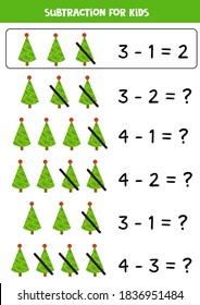 Subtraction game for kids. Subtract Christmas trees. Educational math worksheet. 
