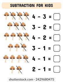 Subtraction game with mushrooms. Counting math game for preschool children.Educational printable math worksheet.