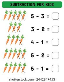 Subtraktionsspiel für Vorschulkinder mit Karotten. Lernendes Mathematik-Spiel für Vorschulkinder Kindergarten.Druckbares Blatt