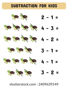 Subtraction game with turtles. Educational math game for preschoolers kindergarten. Matching game.