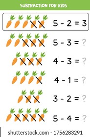 Subtraction for kids with cartoon carrots. Math worksheet for kids. Learning to count to subtract objects.