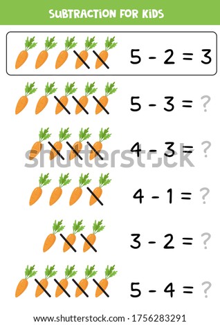 Subtraction for kids with cartoon carrots. Math worksheet for kids. Learning to count to subtract objects.