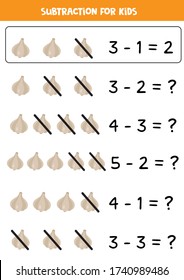 Subtraction for kids. Cartoon vector garlic. Solve the equations and write down the right answer. Educational math game for kids. 