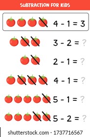 Subtraction for kids. Cartoon vector red tomato. Solve the equations and write down the right answer. Educational math game for kids. 