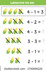 Subtraction for kids with cute cartoon corncobs. Math game for kids. Educational worksheet for children. Learning to subtract numbers.