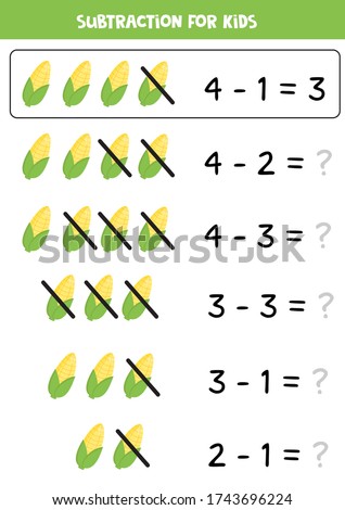 Subtraction for kids with cute cartoon corncobs. Math game for kids. Educational worksheet for children. Learning to subtract numbers.