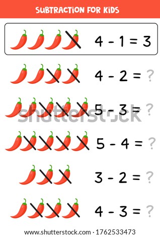 Subtraction for kids. Cute cartoon red chili pepper. Learning to subtract objects. Math game for kids. 