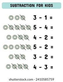 Subtraction for kids with donuts. Educational math game for preschoolers kindergarten.Vector illustration.
