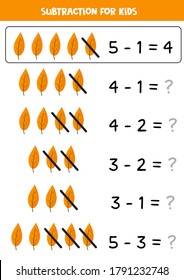 Subtraction for kids with vector autumn leaves. Educational math game for kids. Printable worksheet.