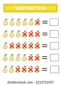 Subtraction.  Math worksheet for kids. Developing numeracy skills. Solve examples and write. Mathematics. Vector illustration.Educational math children game. Subtraction for kids.. 
