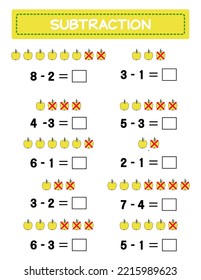 Subtraction.  Math worksheet for kids. Developing numeracy skills. Solve examples and write. Mathematics. Vector illustration.Educational math children game. Subtraction for kids.. 