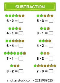 Subtraction.  Math worksheet for kids. Developing numeracy skills. Solve examples and write. Mathematics. Vector illustration.Educational math children game. Subtraction for kids.. 