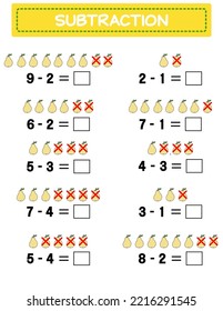 Subtraction.  Math worksheet for kids. Developing numeracy skills. Solve examples and write. Mathematics. Vector illustration.Educational math children game. Subtraction for kids.. 