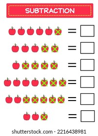 Subtraction.  Math worksheet for kids. Developing numeracy skills. Solve examples and write. Mathematics. Vector illustration.Educational math children game. Subtraction for kids.. 